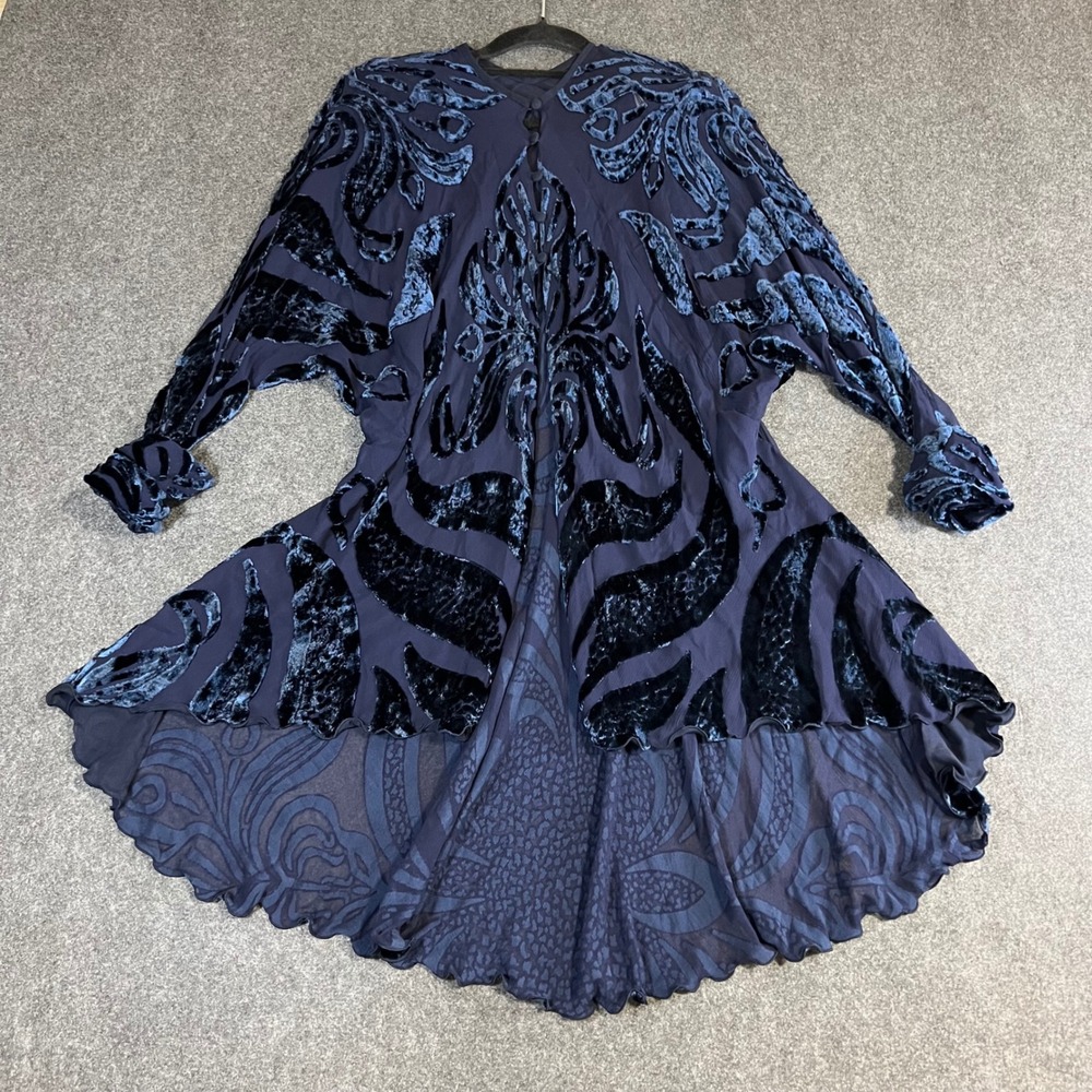 Marian Clayden Navy Blue Devore Velvet Silk Blend Duster Whimsygoth‎ Fairy Boho